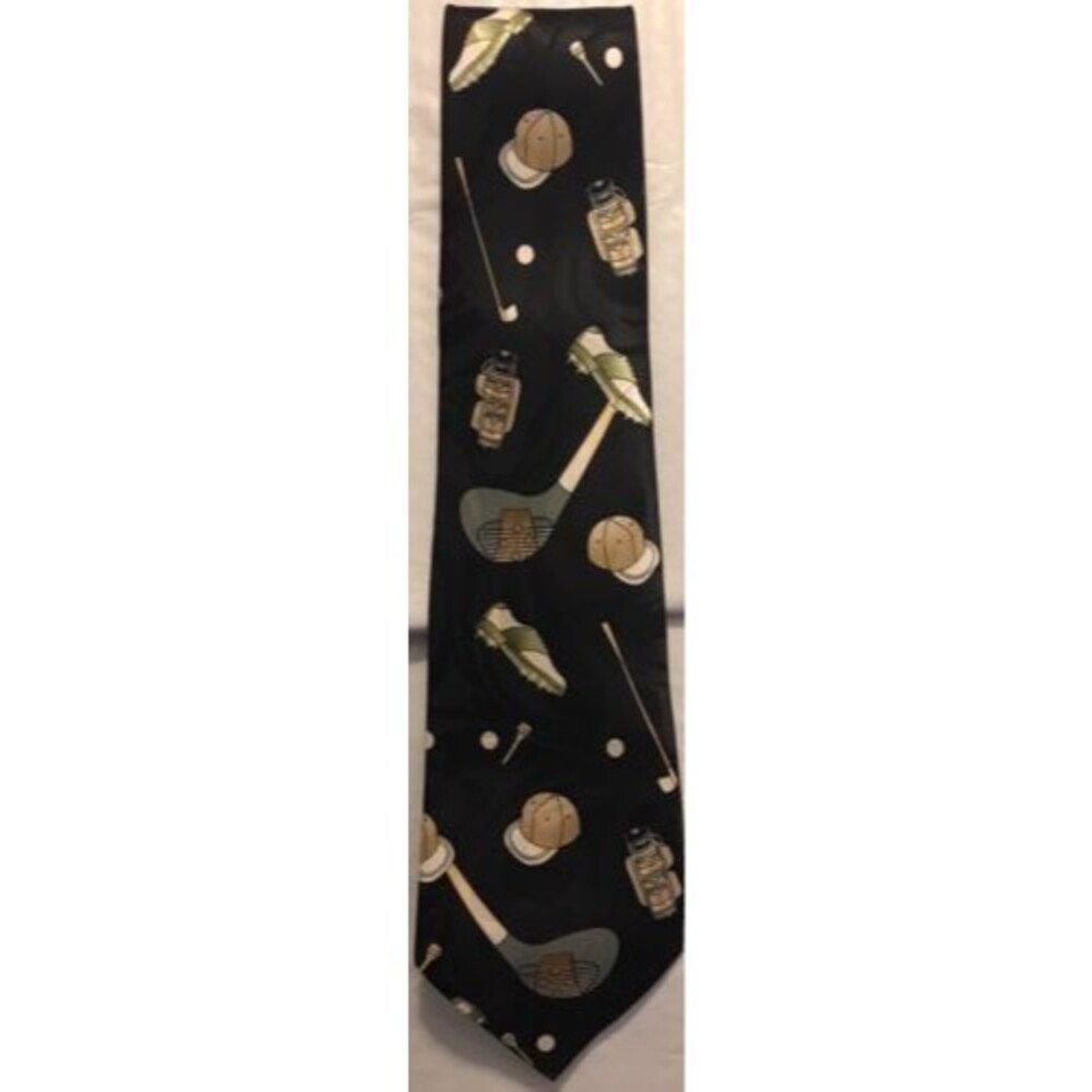 Fratello  ~ Golf Themed Tie ~ Hand Made 100% Polyester Black Tie 59"x 3.75"